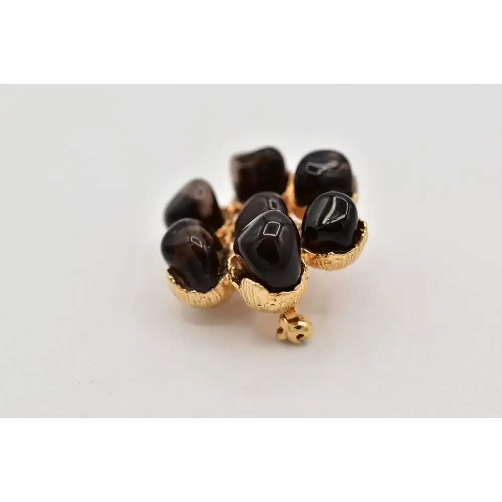 Vintage Cabochon Pin Brooch Black Black Gold Tone Chunky Floral 1990s BinB